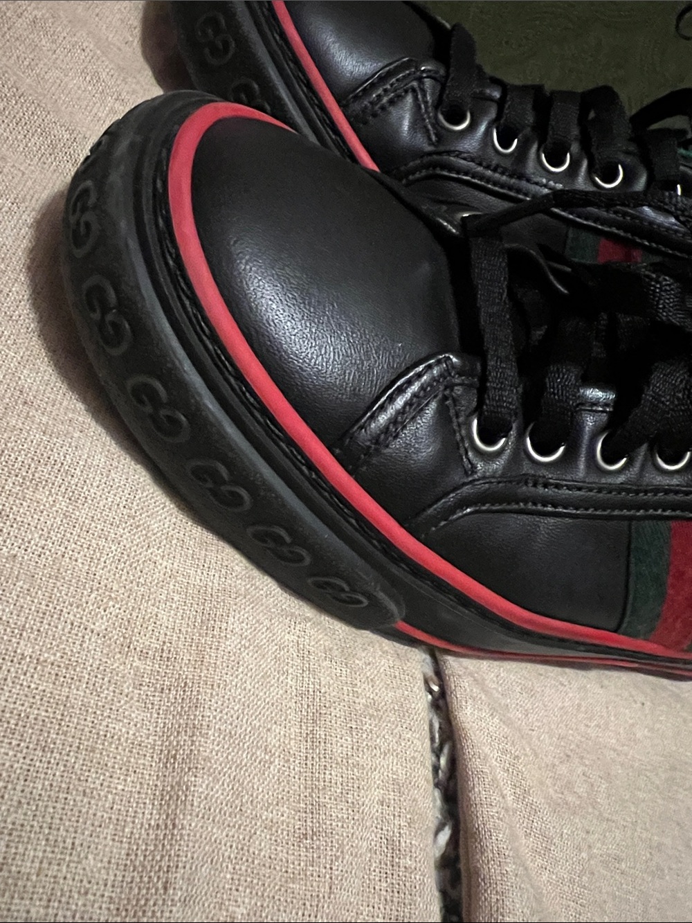 Gucci  Black Leather Sneakers with Red Trim & Green Stripe - Picture 4 of 7
